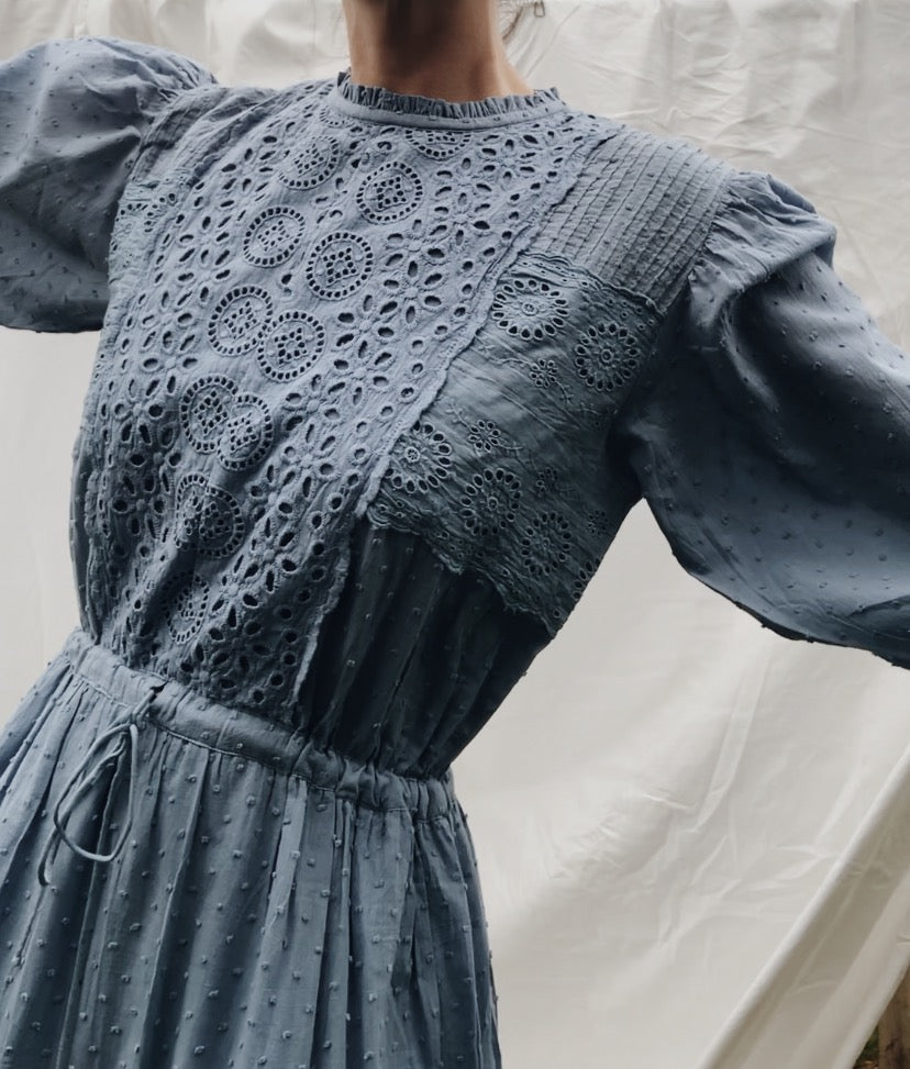 SAINSBURY COTTON LACE DRESS DUSTY BLUE