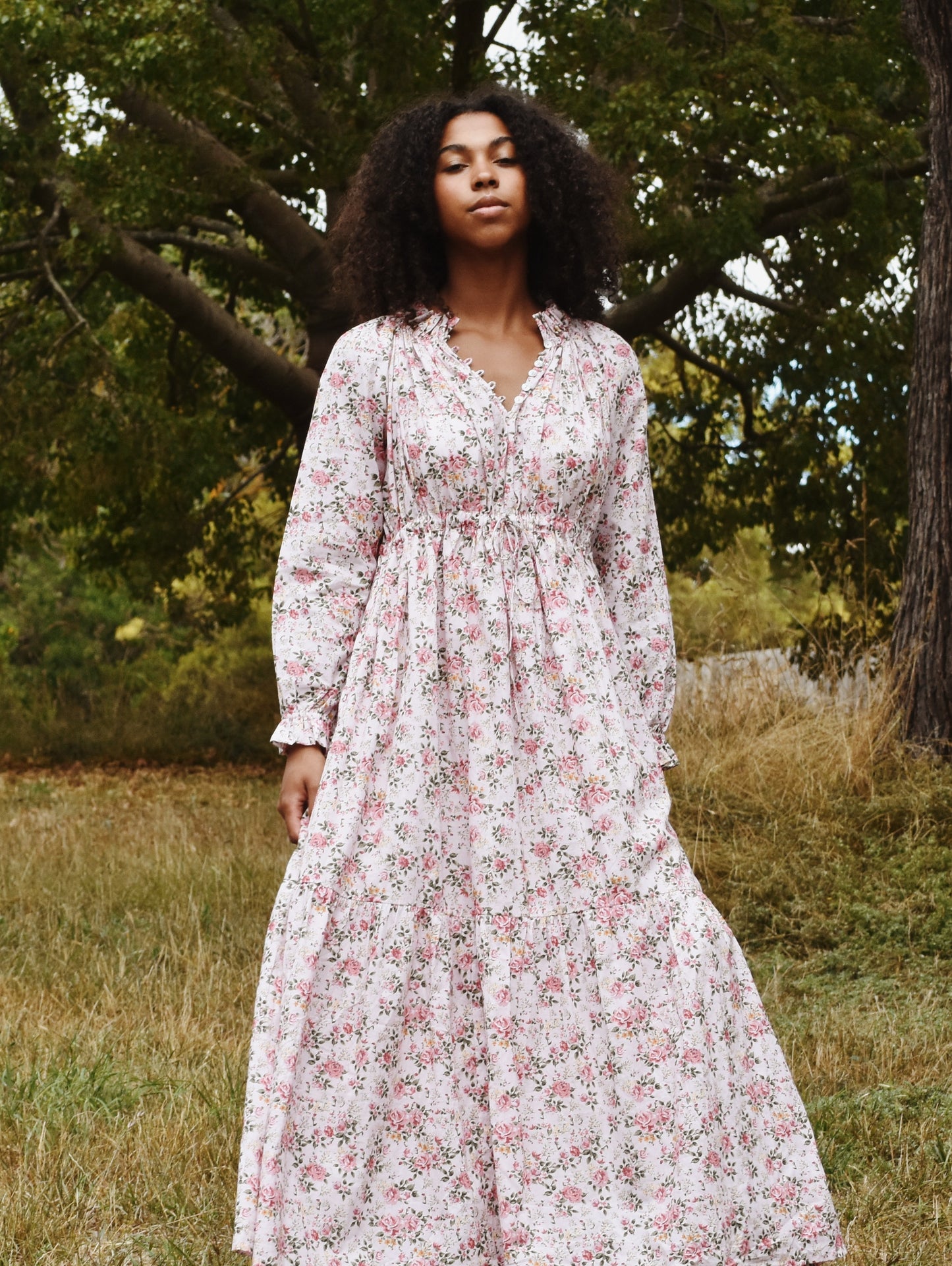 100% RECYCLED COTTON - PRAIRIE MAXI DRESS PINK ROSE FLORAL