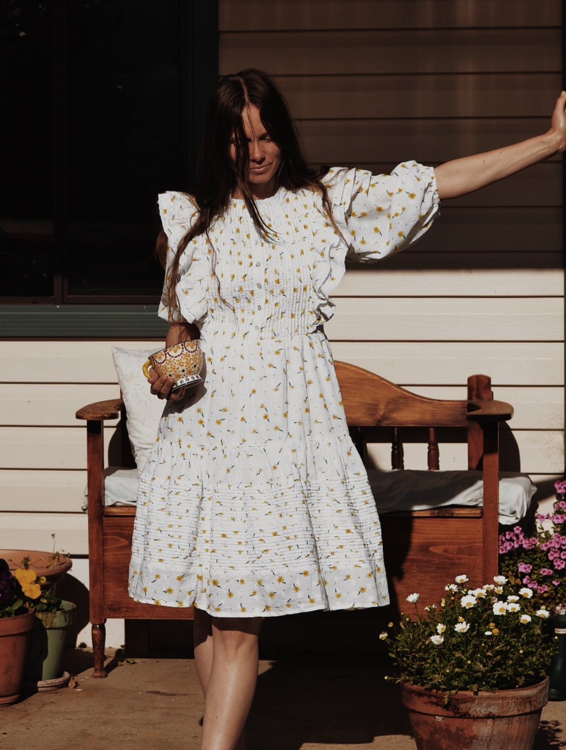 100% RECYCLED COTTON - CLEMENTINE BUTTON DOWN DRESS WHITE DAISY FLORAL