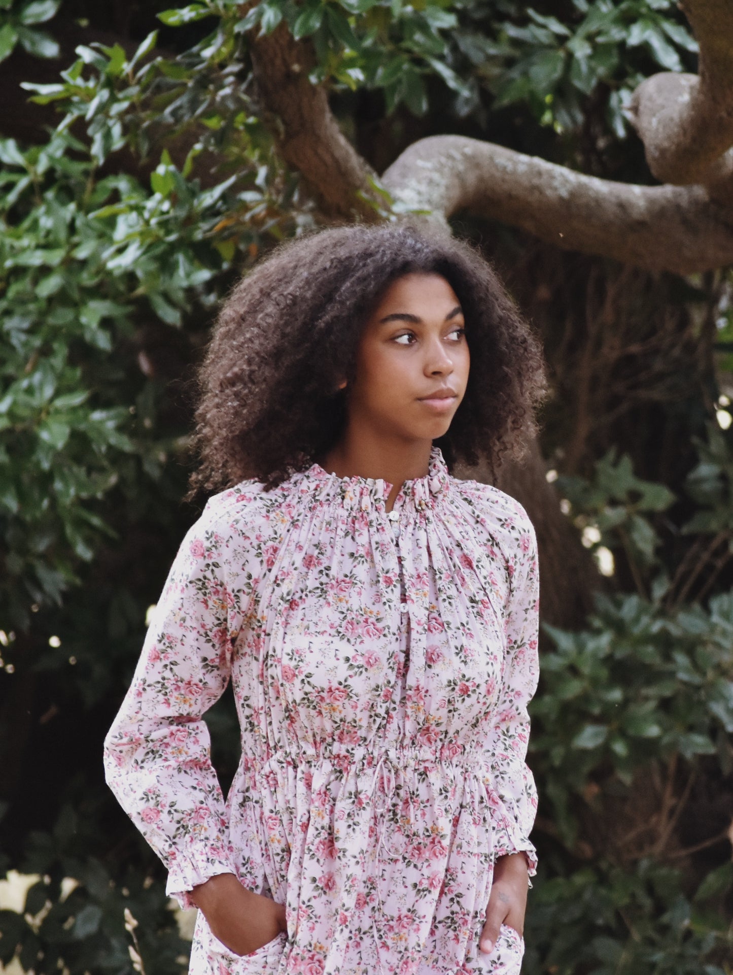 100% RECYCLED COTTON - PRAIRIE MAXI DRESS PINK ROSE FLORAL