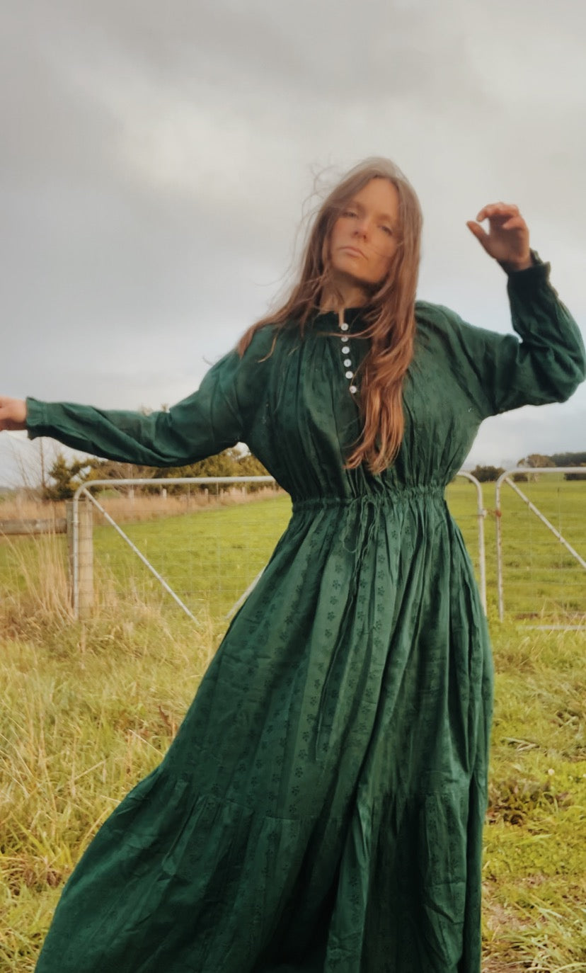 100% RECYCLED COTTON - PRAIRIE MAXI DRESS FOREST GREEN LACE