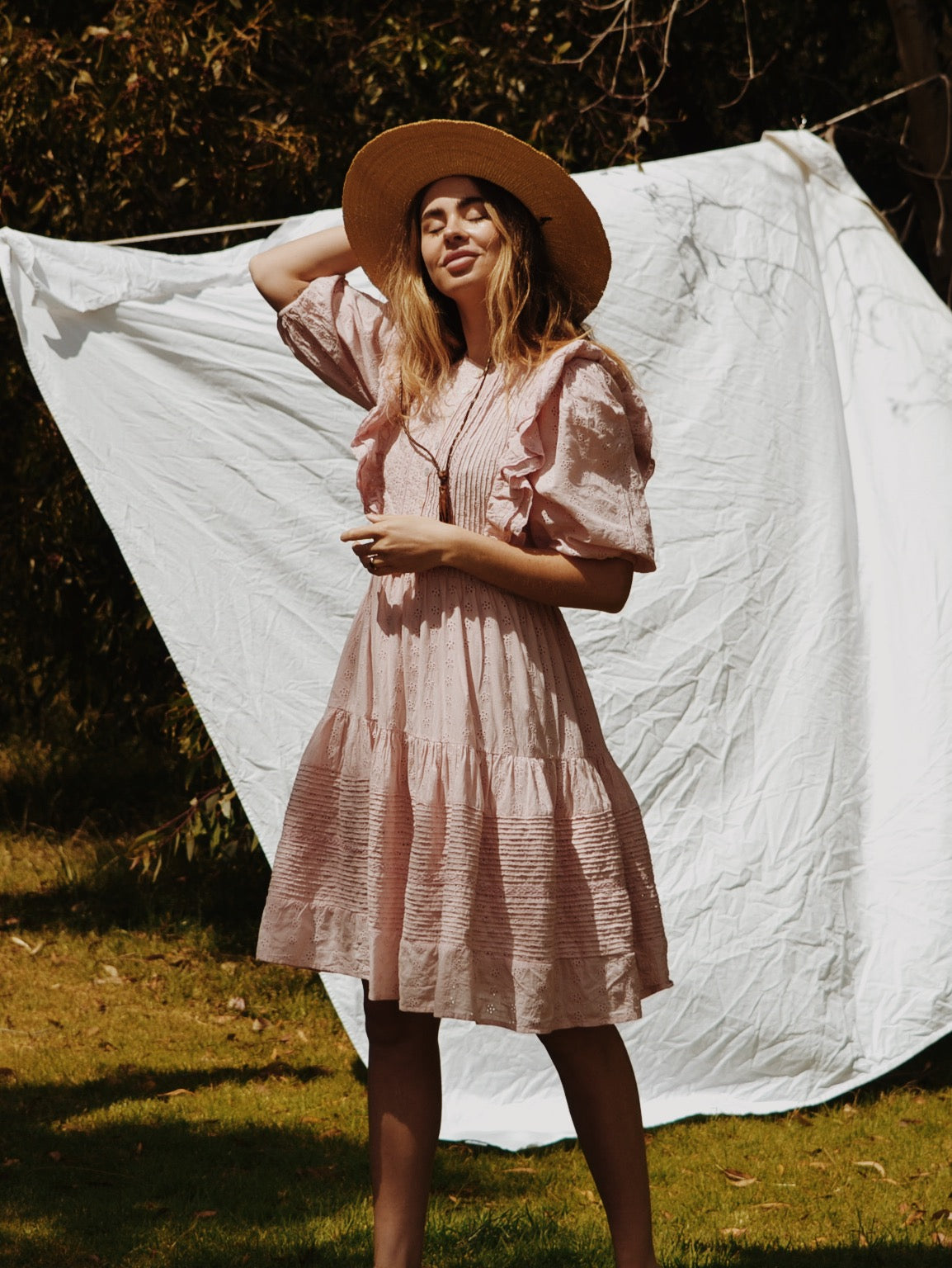 100% RECYCLED COTTON - CLEMENTINE BUTTON DOWN DRESS BABY PINK