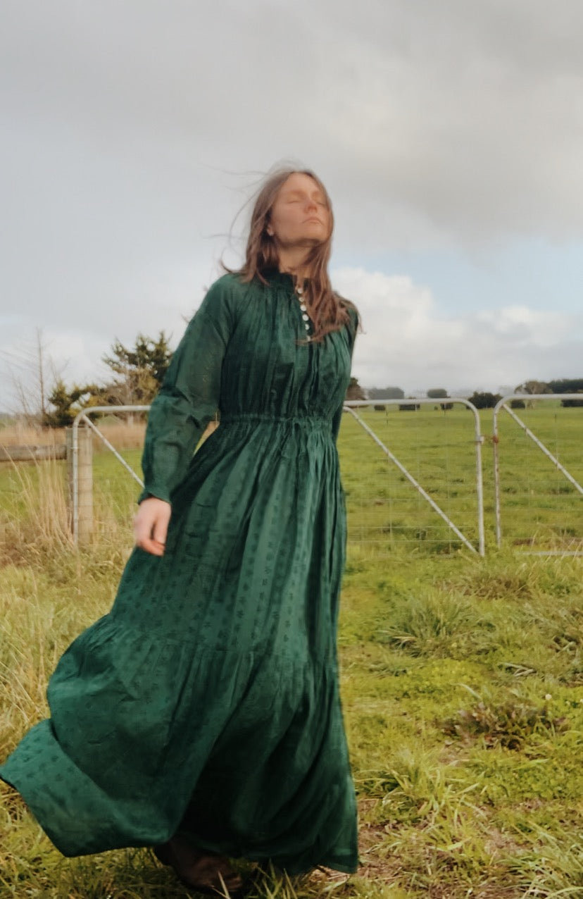 100% RECYCLED COTTON - PRAIRIE MAXI DRESS FOREST GREEN LACE