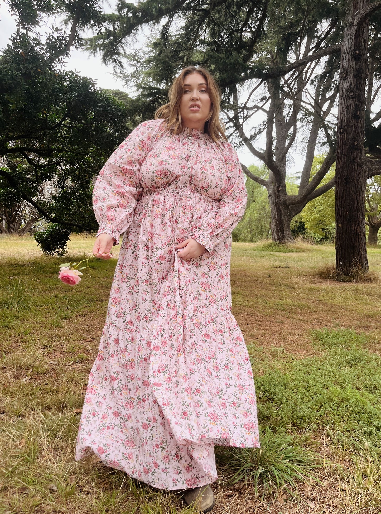 100% RECYCLED COTTON - PRAIRIE MAXI DRESS PINK ROSE FLORAL