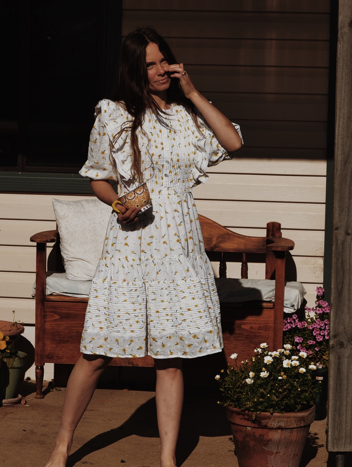 100% RECYCLED COTTON - CLEMENTINE BUTTON DOWN DRESS WHITE DAISY FLORAL