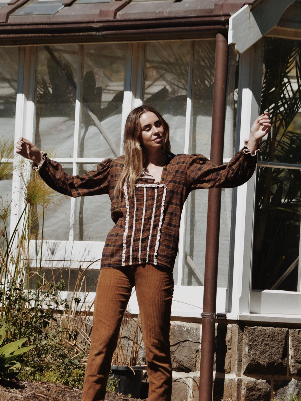 PAULINA PLAID BROWN COTTON BLOUSE