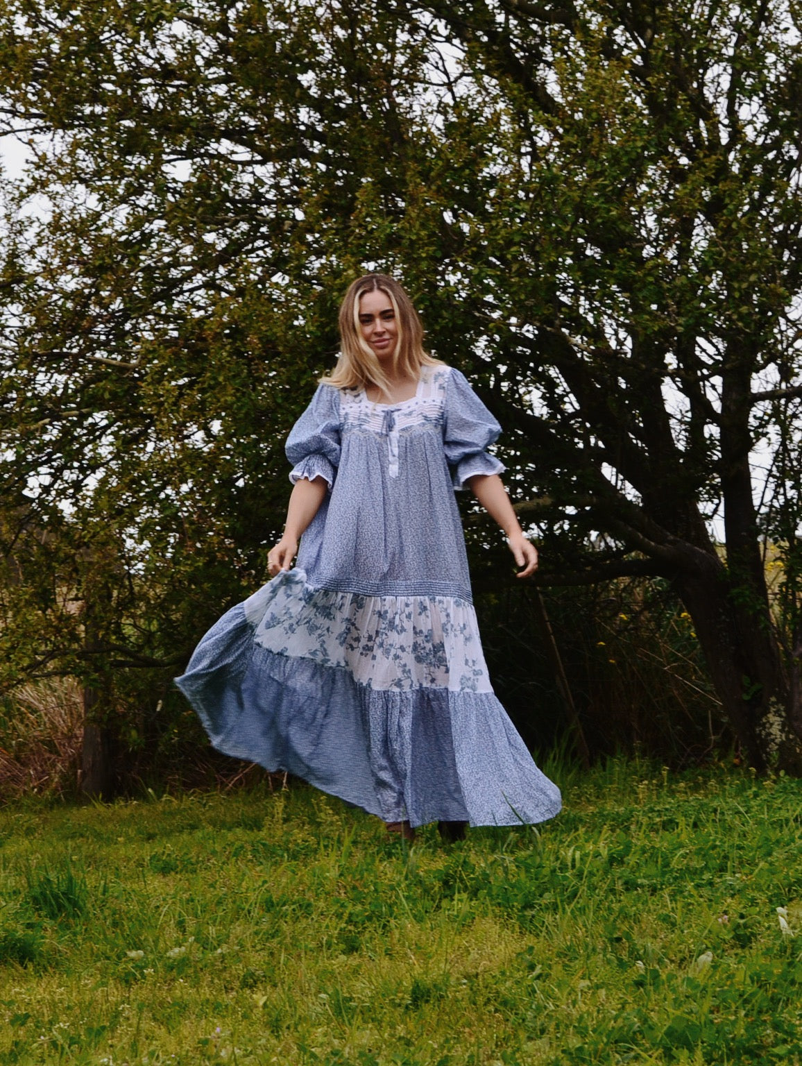 100% RECYCLED COTTON - MORNING SONG HAND SMOCKED TIERED DRESS - CORNFLOWER BLUE ROSE
