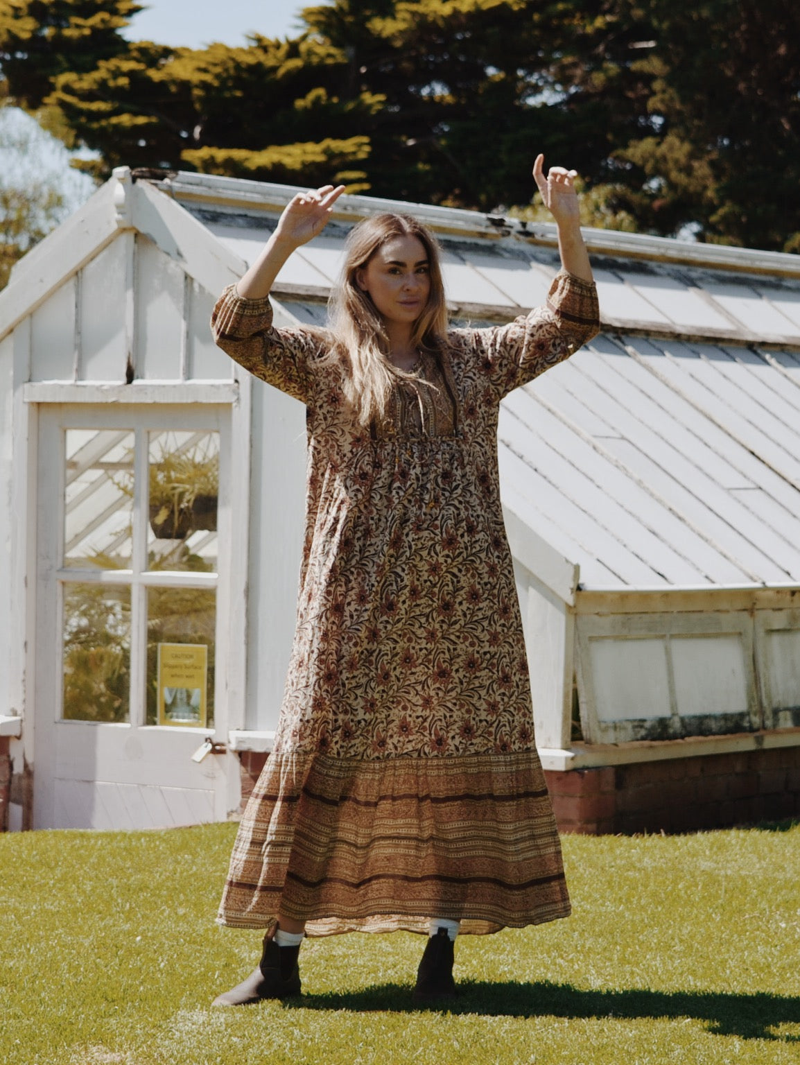 HENRI MAXI DRESS HAND BLOCKED EARTHY BROWN FLORAL