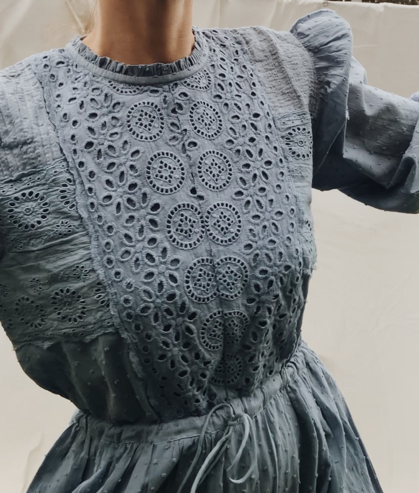 SAINSBURY COTTON LACE DRESS DUSTY BLUE