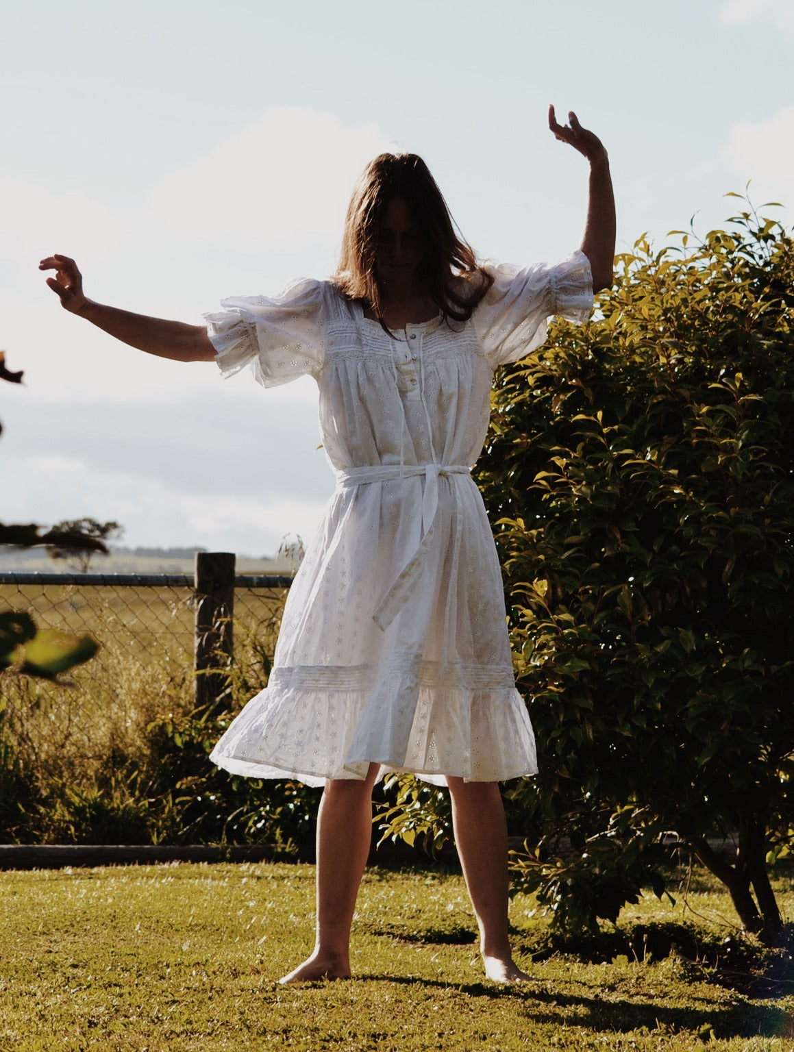 100% RECYCLED COTTON - MORNING SONG HAND SMOCKED MIDI DRESS WHITE